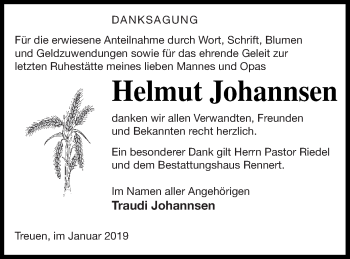 Traueranzeige von Helmut Johannsen von Vorpommern Kurier