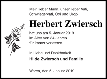 Traueranzeige von Herbert Zwiersch von Müritz-Zeitung