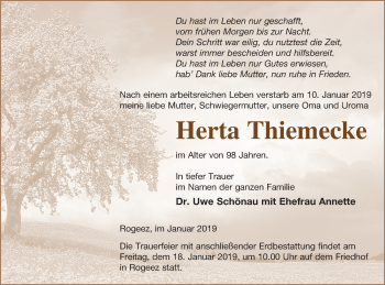 Traueranzeige von Herta Thiemecke von Müritz-Zeitung