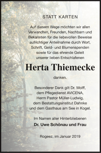 Traueranzeige von Herta Thiemecke von Müritz-Zeitung