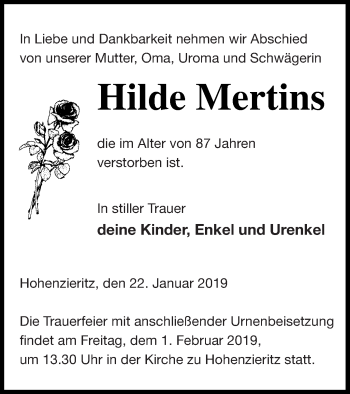 Traueranzeige von Hilde Mertins von Strelitzer Zeitung