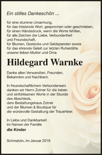 Traueranzeige von Hildegard Warnke von Vorpommern Kurier