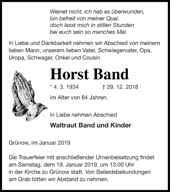 Traueranzeige von Horst Band von Prenzlauer Zeitung