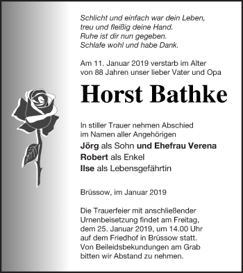 Traueranzeige von Horst Bathke von Prenzlauer Zeitung