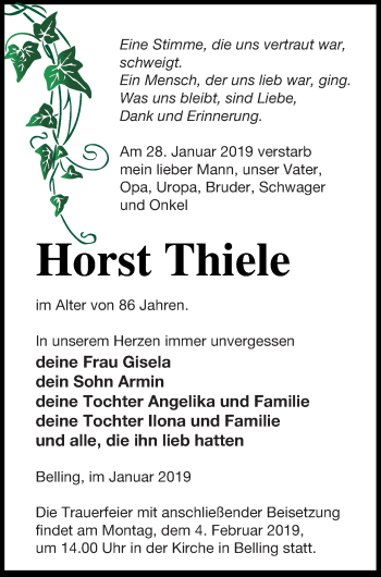 Traueranzeige von Horst Thiele von Pasewalker Zeitung