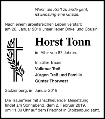 Traueranzeige von Horst Tonn von Pasewalker Zeitung