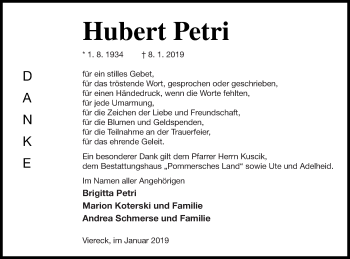 Traueranzeige von Hubert Petri von Pasewalker Zeitung