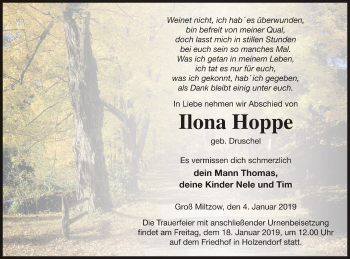 Traueranzeige von Ilona Hoppe von Strelitzer Zeitung