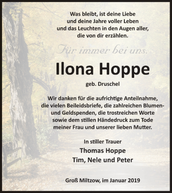 Traueranzeige von Ilona Hoppe von Strelitzer Zeitung