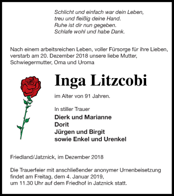 Traueranzeige von Inga Litzcobi von Pasewalker Zeitung