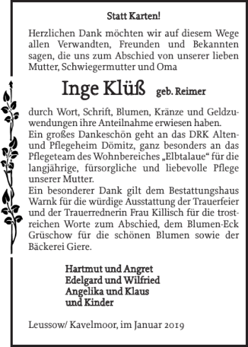 Traueranzeige von Inge Klüß von Ludwigsluster Tageblatt