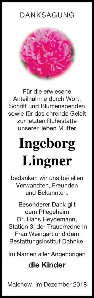Traueranzeige von Ingeborg Lingner von Müritz-Zeitung
