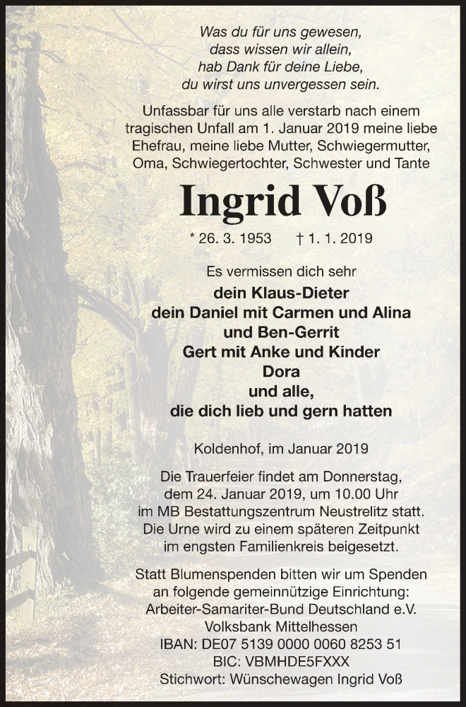  Traueranzeige für Ingrid Voß vom 09.01.2019 aus Strelitzer Zeitung