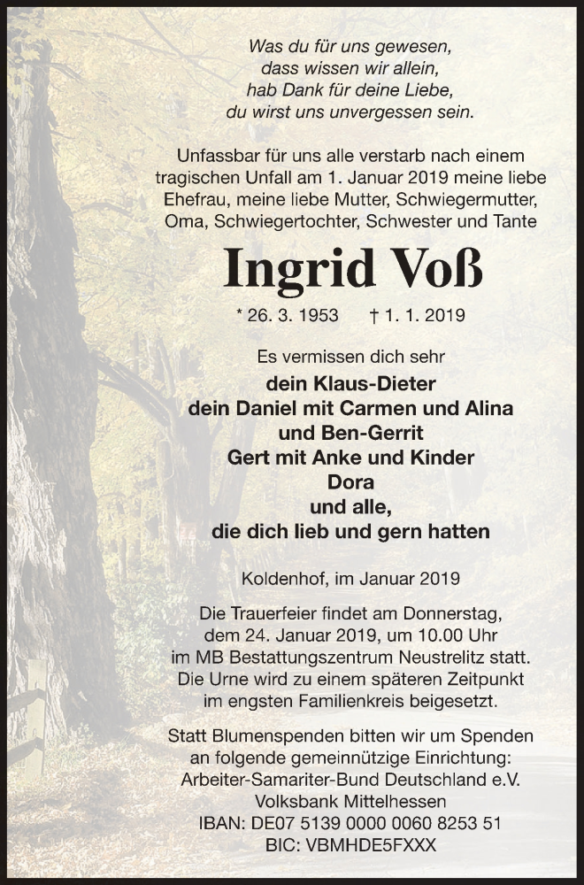  Traueranzeige für Ingrid Voß vom 08.01.2019 aus Strelitzer Zeitung