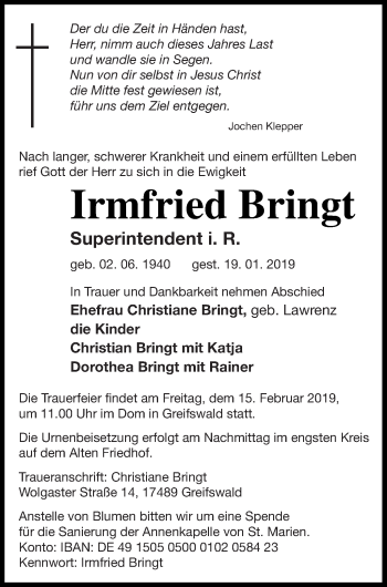 Traueranzeige von Irmfried Bringt von Demminer Zeitung