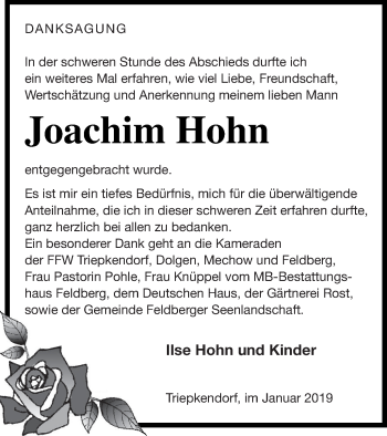 Traueranzeige von Joachim Hohn von Strelitzer Zeitung