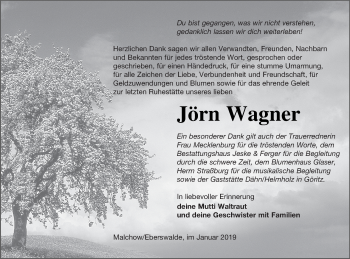 Traueranzeige von Jörn Wagner von Prenzlauer Zeitung