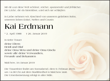 Traueranzeige von Kai Erdmann von Müritz-Zeitung