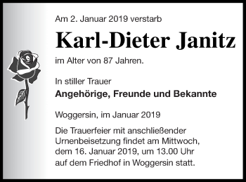 Traueranzeige von Karl-Dieter Janitz von Neubrandenburger Zeitung