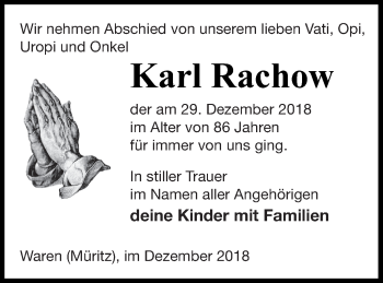 Traueranzeige von Karl Rachow von Müritz-Zeitung