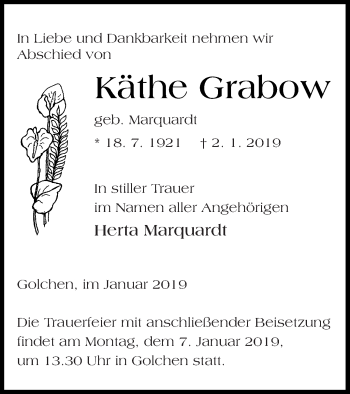 Traueranzeige von Käthe Grabow von Neubrandenburger Zeitung