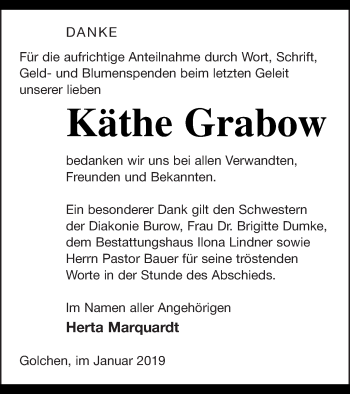 Traueranzeige von Käthe Grabow von Neubrandenburger Zeitung