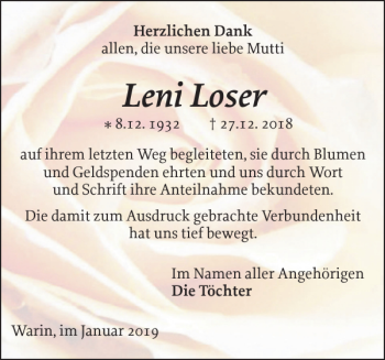 Traueranzeige von Leni Loser von Anzeiger für Sternberg - Brüel - Warin