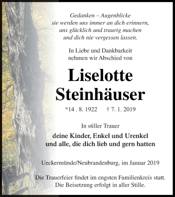Traueranzeige von Liselotte Steinhäuser von Haff-Zeitung
