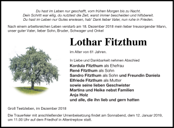 Traueranzeige von Lothar Fitzthum von Neubrandenburger Zeitung