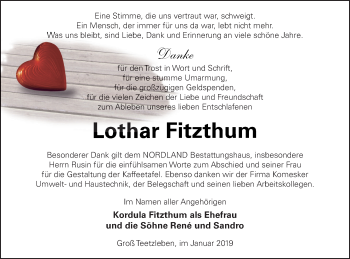 Traueranzeige von Lothar Fitzthum von Neubrandenburger Zeitung