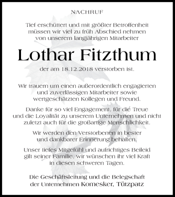 Traueranzeige von Lothar Fitzthum von Neubrandenburger Zeitung