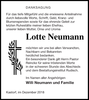 Traueranzeige von Lotte Neumann von Neubrandenburger Zeitung