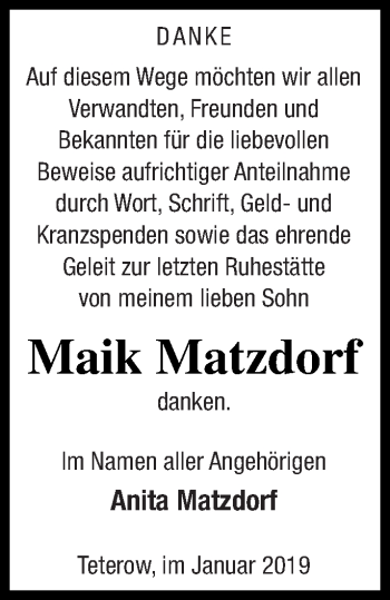 Traueranzeige von Maik Matzdorf von Mecklenburger Schweiz