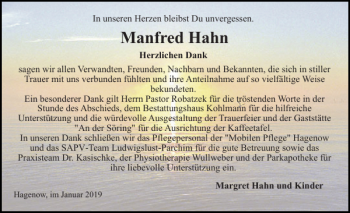 Traueranzeige von Manfred Hahn von Hagenower Kreisblatt