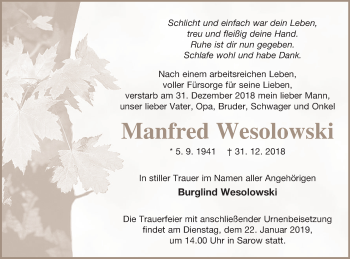 Traueranzeige von Manfred Wesolowski von Demminer Zeitung