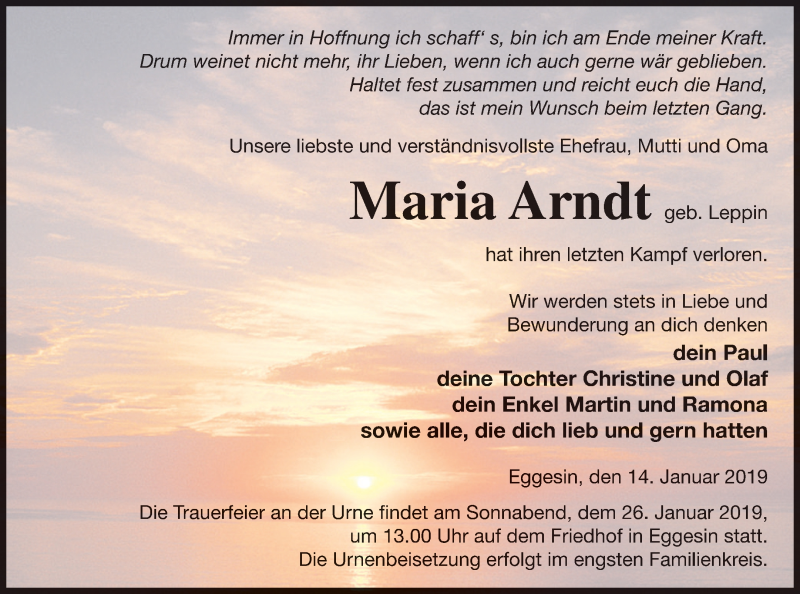  Traueranzeige für Maria Arndt vom 18.01.2019 aus Haff-Zeitung