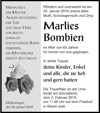 Traueranzeige von Marlies Bombien von Müritz-Zeitung