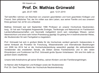 Traueranzeige von Mathias Grünwald von Neubrandenburger Zeitung