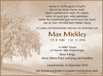 Traueranzeige von Max Miekley von Haff-Zeitung