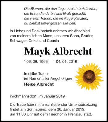 Traueranzeige von Mayk Albrecht von Prenzlauer Zeitung