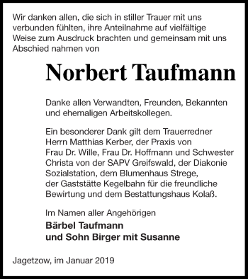 Traueranzeige von Norbert Taufmann von Vorpommern Kurier