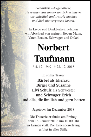 Traueranzeige von Norbert Taufmann von Vorpommern Kurier