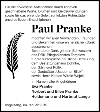 Traueranzeige von Paul Pranke von Haff-Zeitung