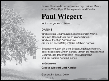 Traueranzeige von Paul Wiegert von Mecklenburger Schweiz