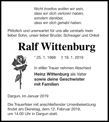 Traueranzeige von Ralf Wittenburg von Mecklenburger Schweiz