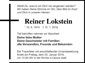 Traueranzeige von Reiner Lokstein von Müritz-Zeitung