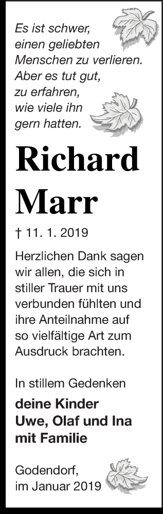 Traueranzeige von Richard Marr von Strelitzer Zeitung