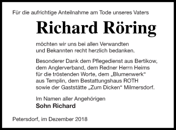 Traueranzeige von Richard Röring von Templiner Zeitung