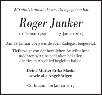 Traueranzeige von Roger Junker von Hagenower Kreisblatt