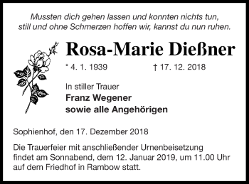 Traueranzeige von Rosa-MArie Dießner von Müritz-Zeitung